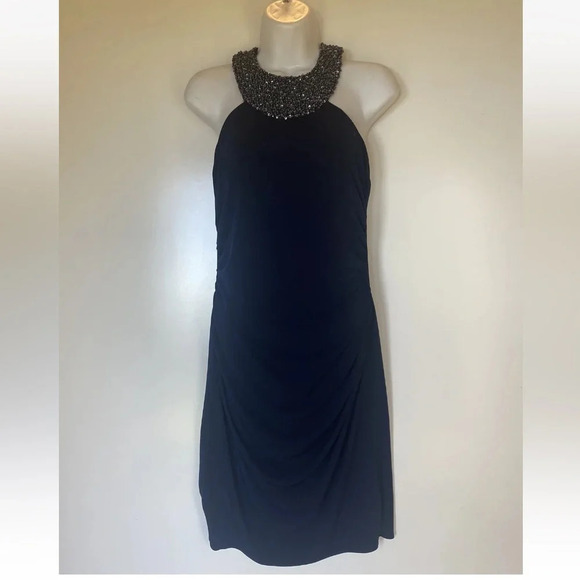 JS Boutique Blue Beaded Sequin Halter Cocktail Dress Womens Size‎ 8 (43) - Picture 1 of 5